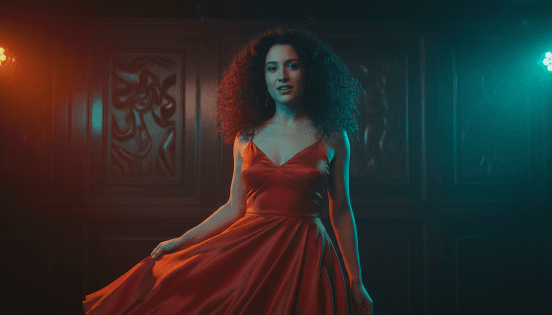 AI가 생성한 'Stay A Little Longer' 비트에 맞춰 움직이는 역동적인 빛 패턴과 디지털 댄서.