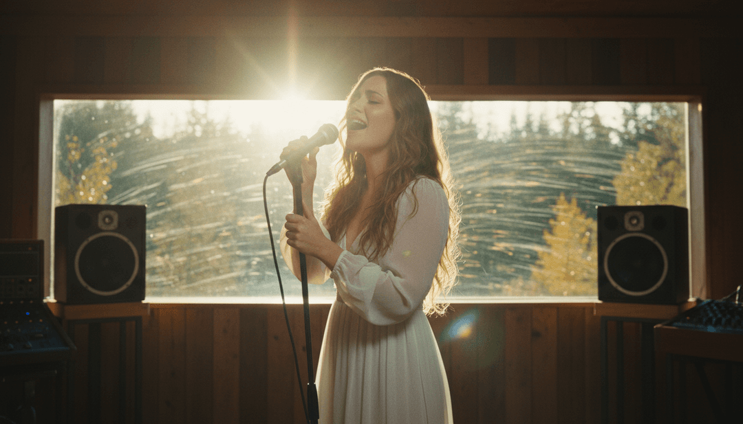 Um quadro final e polido de videoclipe apresentando Chrissy Meechan, cercado por efeitos digitais brilhantes e cores vibrantes, exibindo criatividade gerada por IA e uma transformação perfeita de capa de música.