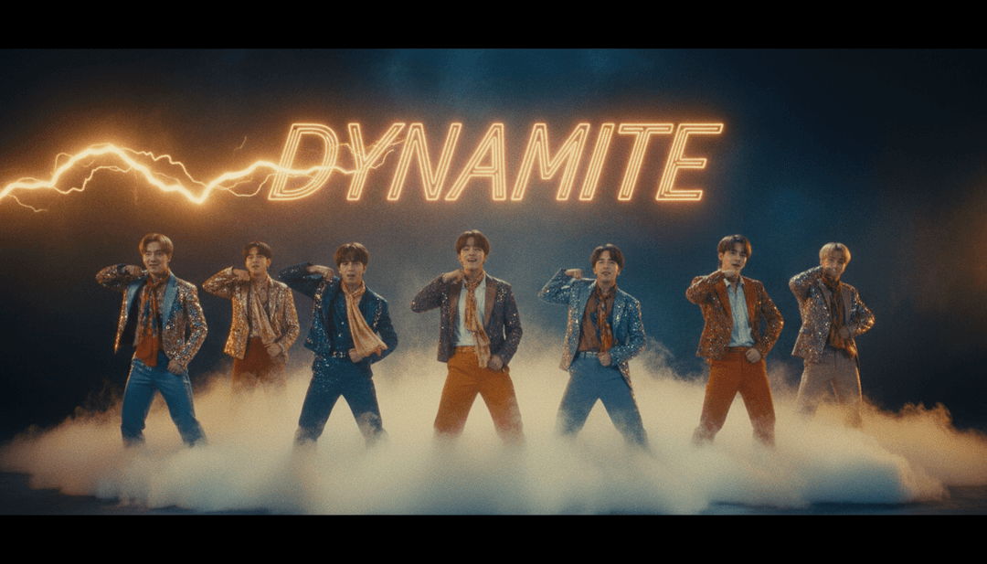 AI 为 BTS Dynamite 生成的音乐视频的动态场景，具有充满活力的迪斯科灯光和动画舞者