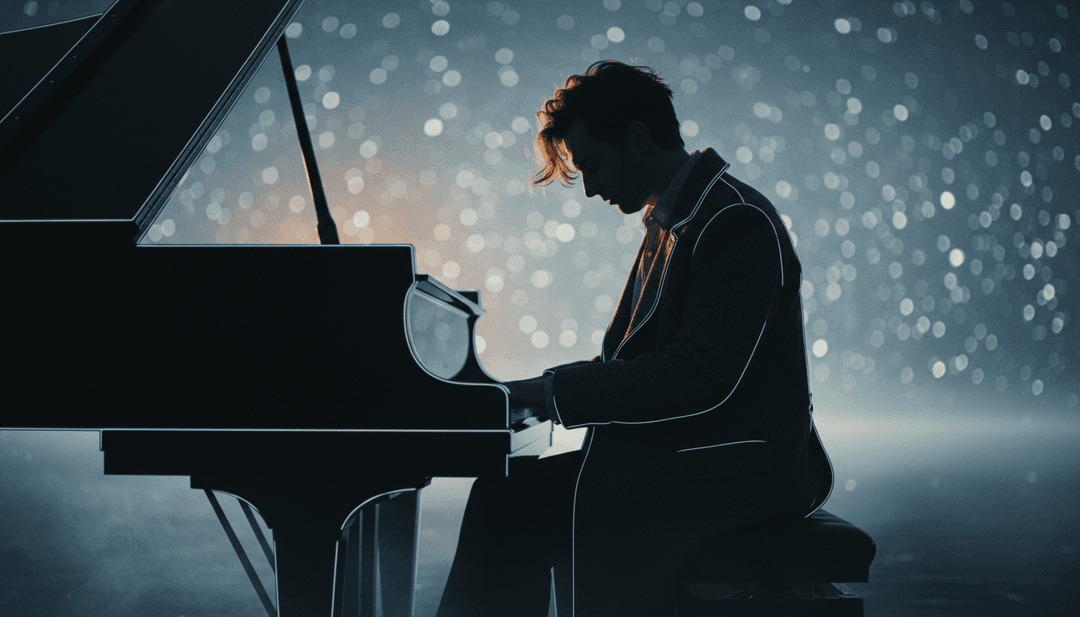 Representação visual abstrata de um coração partido, com teclas de piano a transformar-se em chuva a cair sobre uma figura solitária, refletindo a melancolia das letras de 'Another Love' de Tom Odell.