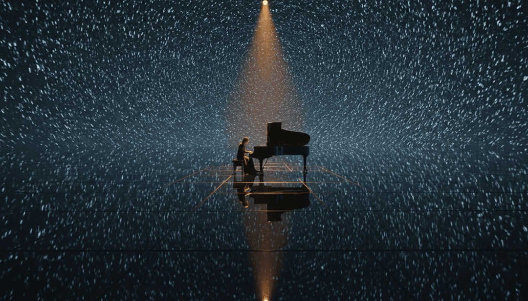 Sequência dinâmica mostrando um piano solitário num espaço vasto e vazio, com ondas subtis de energia a emanar das teclas, transitando para cenas de uma cidade ao amanhecer, refletindo as emoções profundas de 'Another Love'.