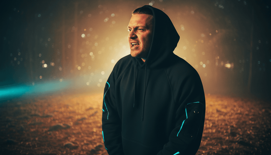 AI가 'Blaues Licht'를 위해 생성한, 드럼 힙합 비트에 맞춰 동기화된 푸른빛 효과의 애니메이션 도시 풍경.