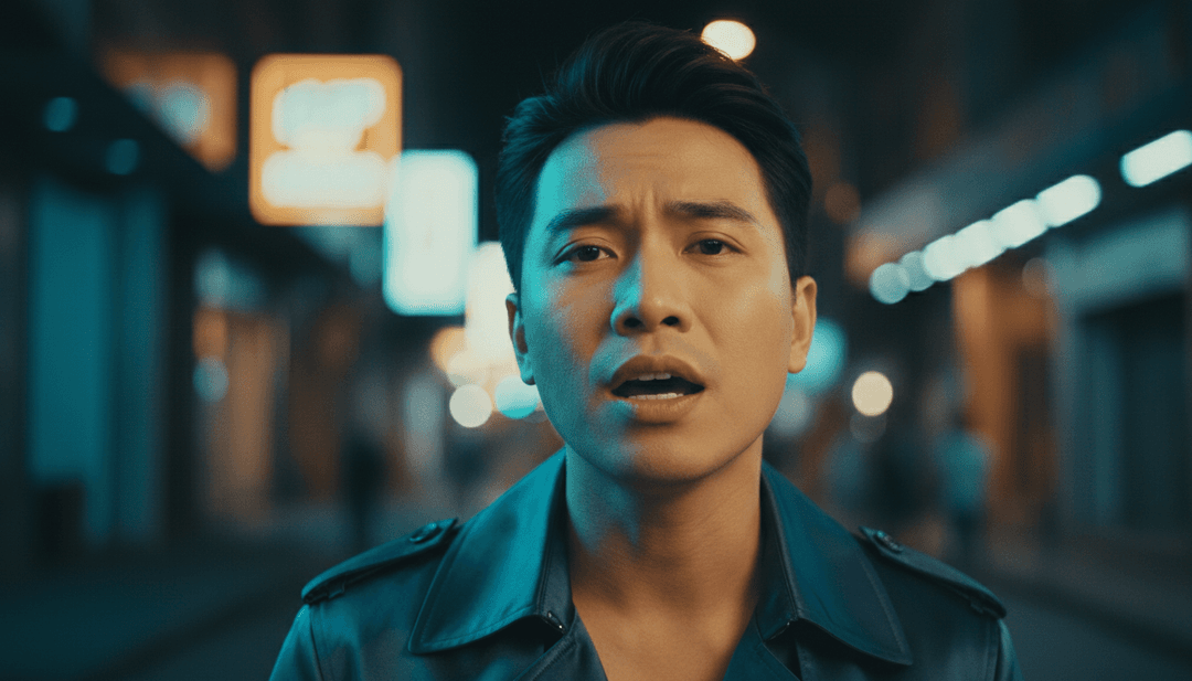 AI 分析乐谱，以忧郁的城市背景为衬托，映衬着 Sơn Tùng M-TP《Muộn Rồi Mà Sao Còn》的氛围。