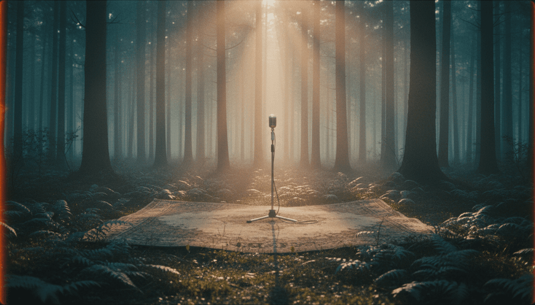 IA analisando ondas sonoras e letras de 'Dreams' do Fleetwood Mac, visualizando temas de introspecção e mudança em meio a paisagens etéreas.