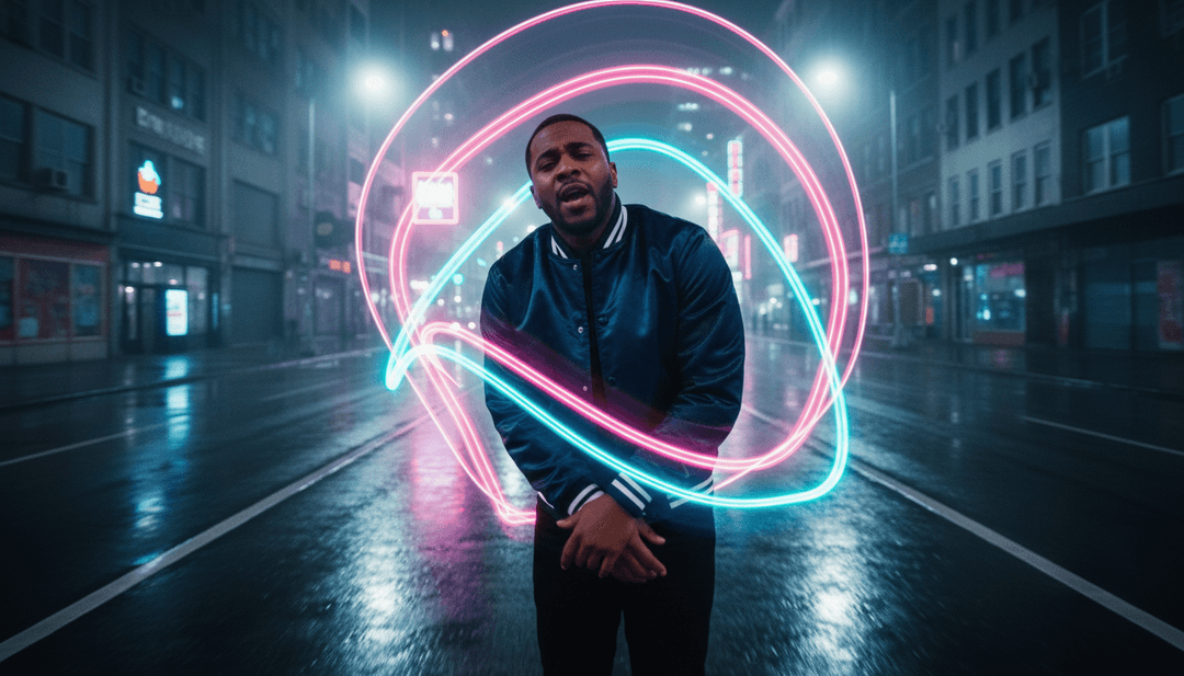 IA renderizando una vibrante escena de club disco con bailarines, luces brillantes y las frases icónicas de Mufasa & Hypeman integradas como `subtítulos gratuitos`.