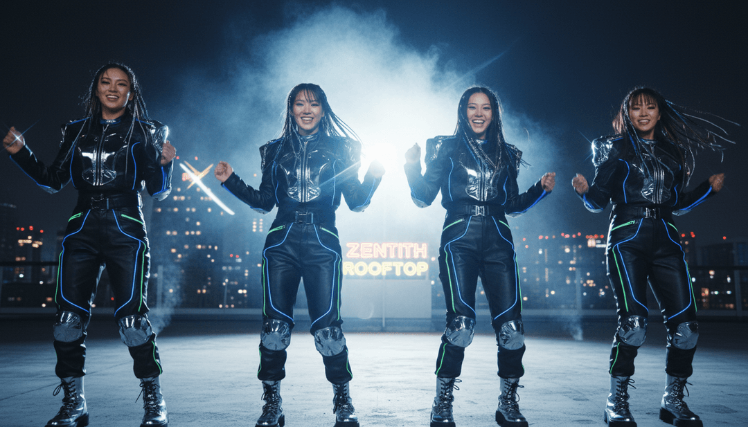 夜晚城市充满活力、快节奏的场景，舞者在霓虹灯下形成剪影，与 'JUMP' 的节拍同步。