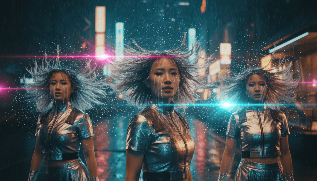 一个精美、高能量的音乐视频帧，具有动态视觉效果和大胆的排版，代表 'JUMP' 的最终输出。