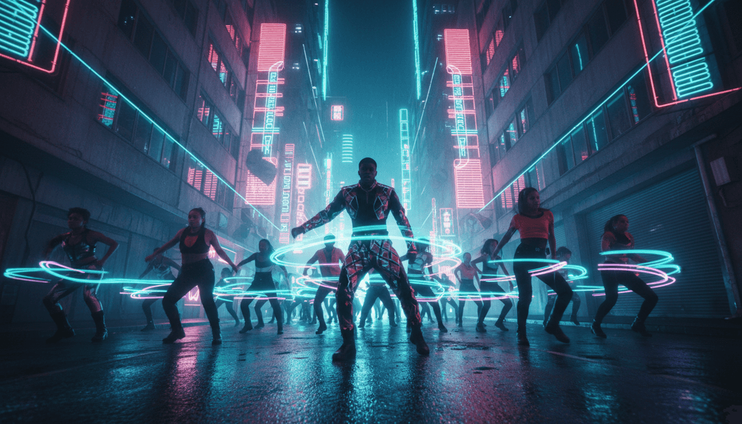 Représentation abstraite des fréquences sonores se transformant en éléments visuels dynamiques pour un vidéoclip.