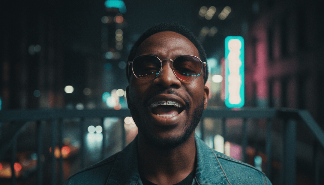 Visualização abstrata de ondas sonoras e cores vibrantes representando a alta energia da música de dança Friday (Dopamine Re-Edit).