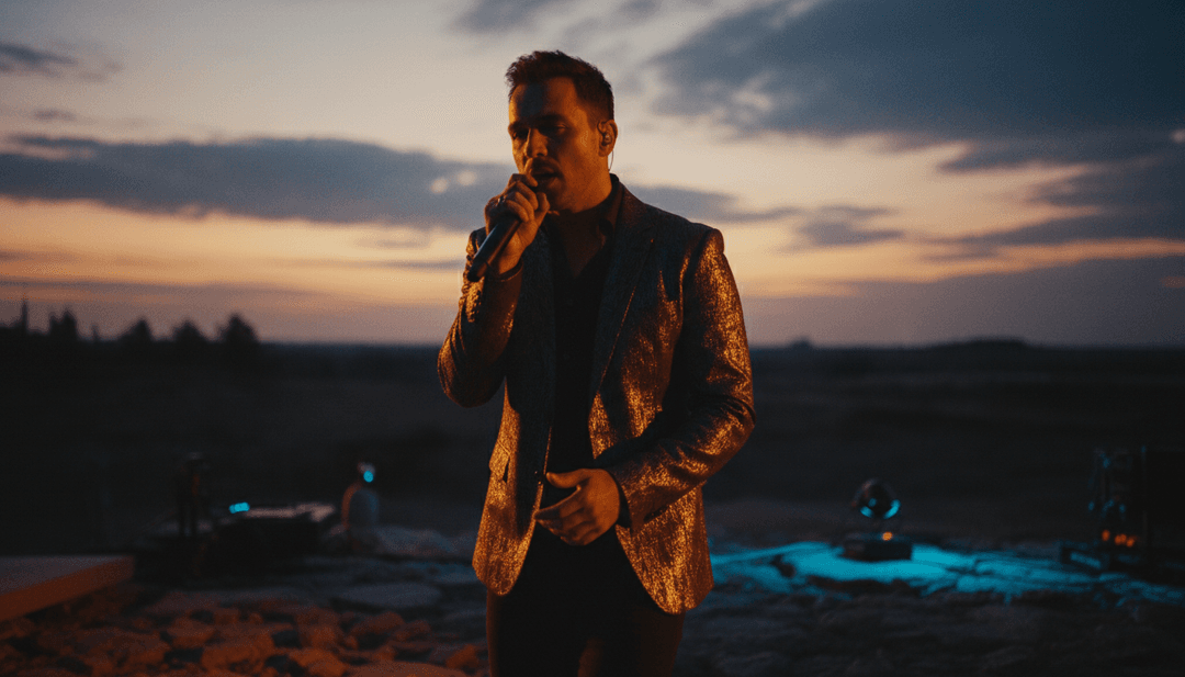 IA analisando ondas sonoras e padrões líricos de uma faixa de música eletrônica pop, mostrando fluxos de dados convergindo.