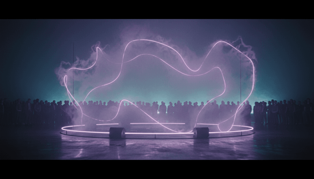 Représentation abstraite d'ondes sonores se transformant en traînées lumineuses scintillantes, symbolisant la profondeur émotionnelle et l'énergie euro-pop de 'Where Are You Now' de Lost Frequencies, Calum Scott.