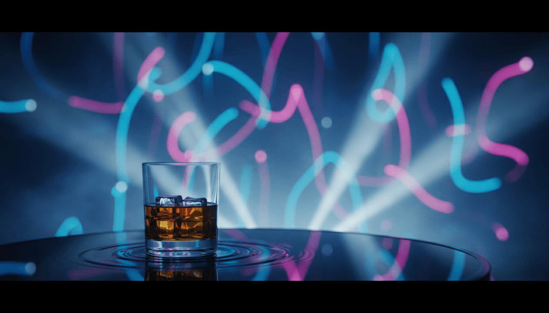 Art numérique dynamique montrant les ondes vocales de Calum Scott se transformant en une figure solitaire cherchant à travers un paysage électronique vibrant, reflétant l'énergie synth-pop de la chanson et le processus freebeat.ai.