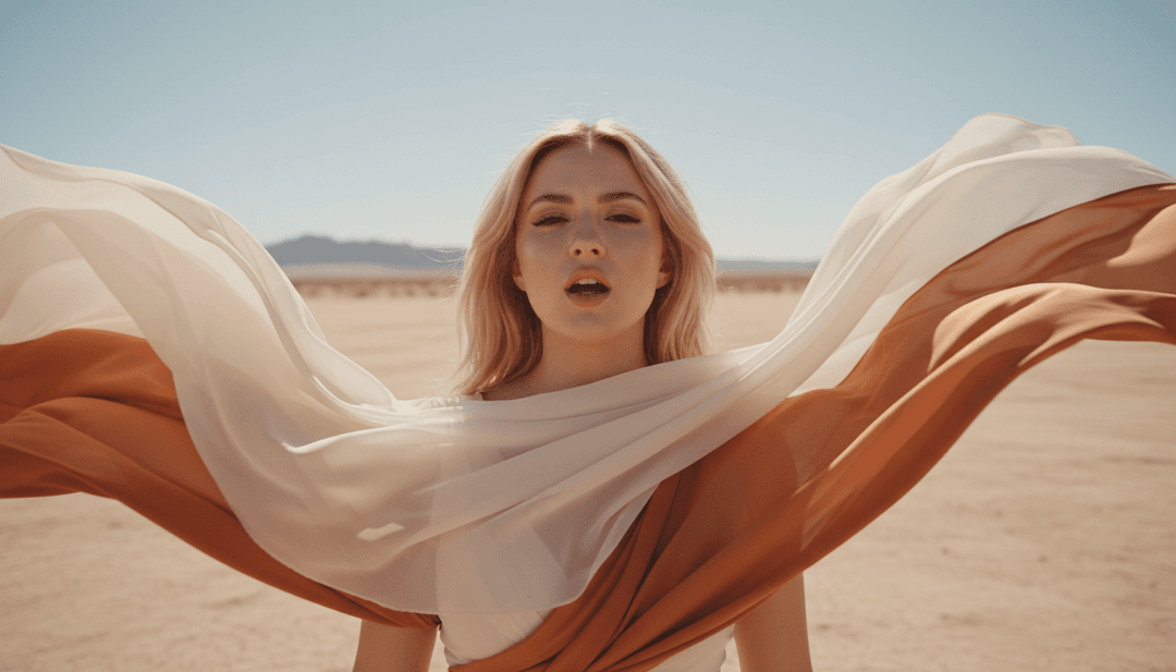 Dynamische Visuals von Tänzern, die sich zu einem Pop-Beat bewegen, nahtlos übergehend zwischen abstrakten Lichtmustern und realen Elementen wie Stadtlandschaften.