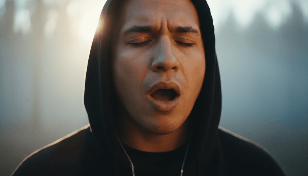 一隻手伸向顯示 Dezko《Ascend》已完成高品質 AI 音樂影片的螢幕，象徵著用戶透過 freebeat.ai 獲得賦權和創意控制。