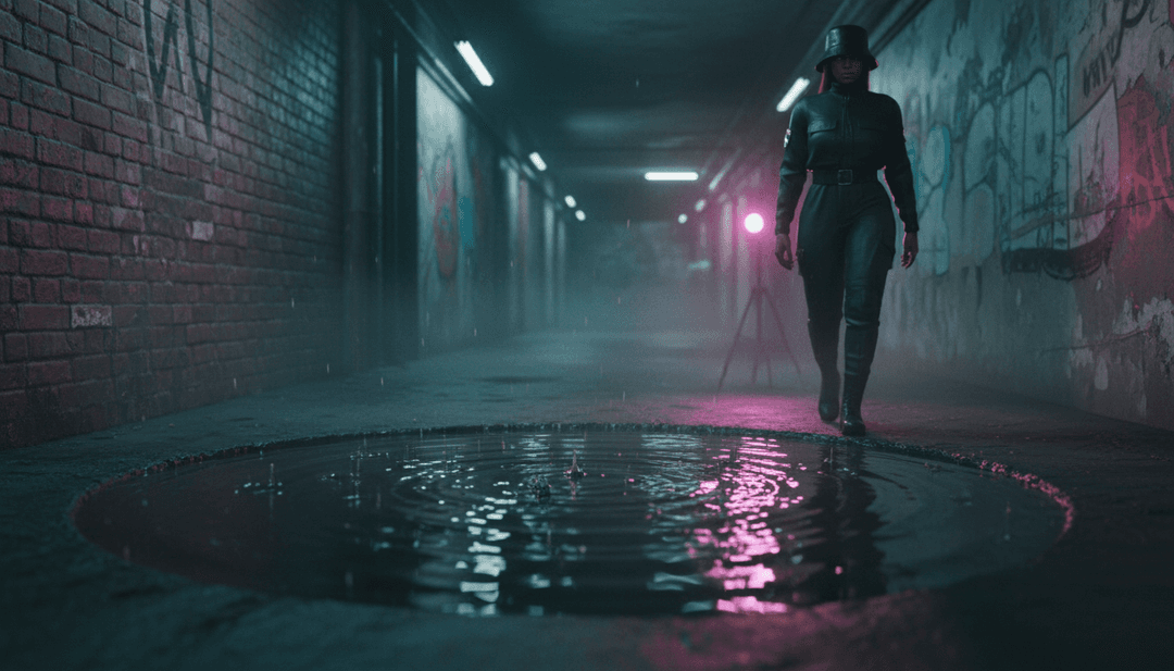 Visualización abstracta de ondas sonoras y puntos de datos que representan la canción "Can't Decide," con los nombres de los artistas "Max Dean, Luke Dean, Locky" sutilmente integrados, representando la fase interpretativa inicial de la IA.