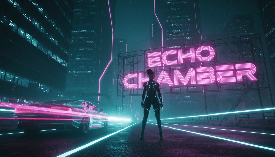 Un collage de paisajes urbanos futuristas que se mezclan con arte callejero, superpuesto con patrones geométricos abstractos que pulsan al ritmo, simbolizando la fusión de tech house y hip-hop para "Can't Decide."