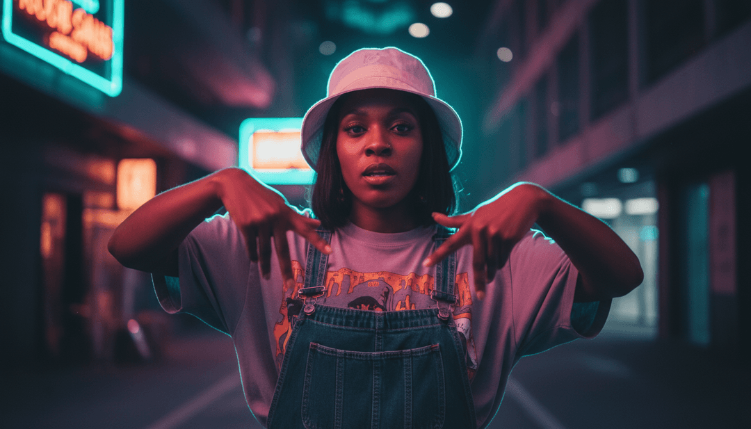 Una captura de pantalla pulida y vibrante de un video musical completado para "Can't Decide" en la plataforma freebeat.ai, mostrando diversos estilos visuales y un botón de llamada a la acción "Crea el Tuyo Propio".