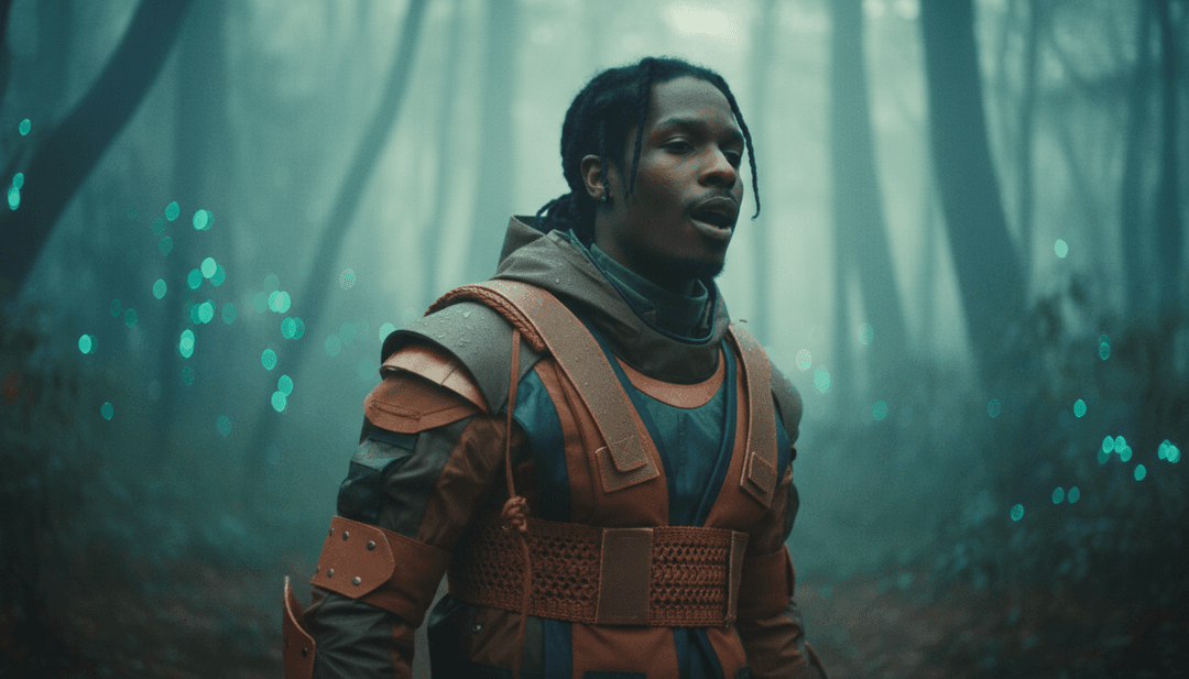 KI analysiert Schallwellen und lyrische Muster von HIGHJACK (right back) und generiert erste visuelle Konzepte, inspiriert von Hip-Hop- und Trap-Ästhetik.