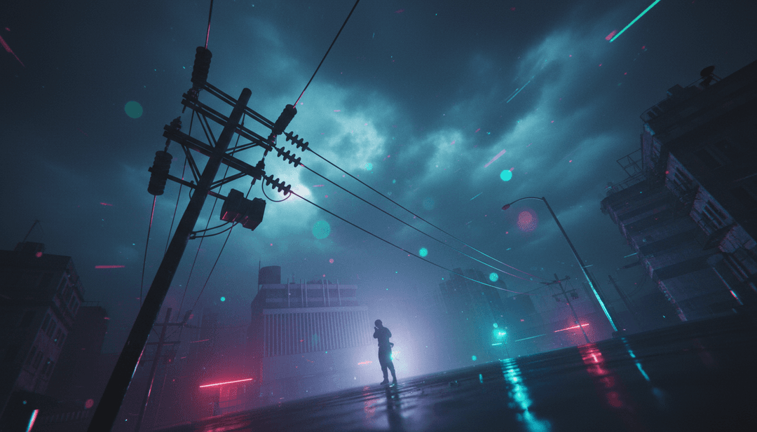 Abstrakte digitale Landschaft, die mit House-Musik-Energie pulsiert und die anfängliche Interpretation des 'Tell Me Why' Remix von Supermode und MEDUZA durch die KI darstellt.