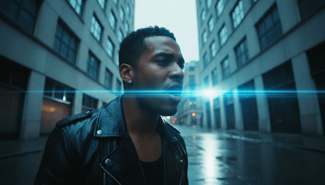 Lebendige Lichtspuren und abstrakte Tänzer, die synchron zum Progressive House Beat tanzen und die Übersetzung von Audio in dynamische Visuals durch die KI demonstrieren.