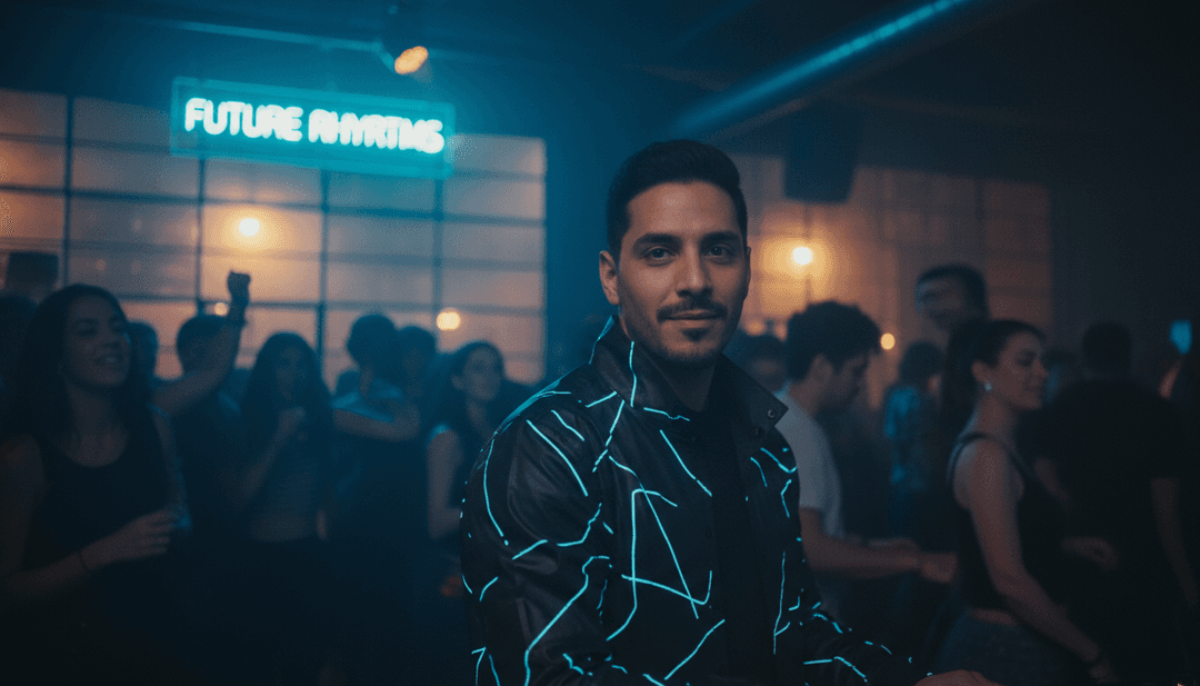 AI가 Beltran의 'Smack Yo''를 분석하여 테크 하우스 사운드 웨이브와 에너제틱한 리듬 패턴을 시각화하는 모습, AI 뮤직비디오의 컨셉.