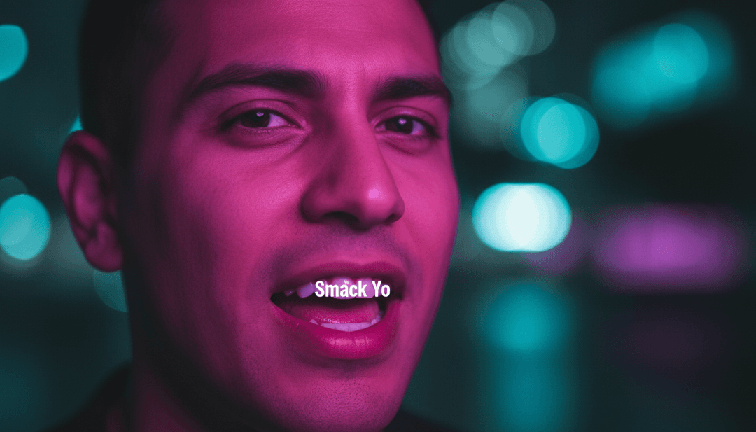 Beltran의 'Smack Yo'' 베이스라인이 AI 생성 뮤직비디오에서 활기찬 움직이는 그래픽 요소로 변환되는 시각적 표현, 모션 그래픽 시연.