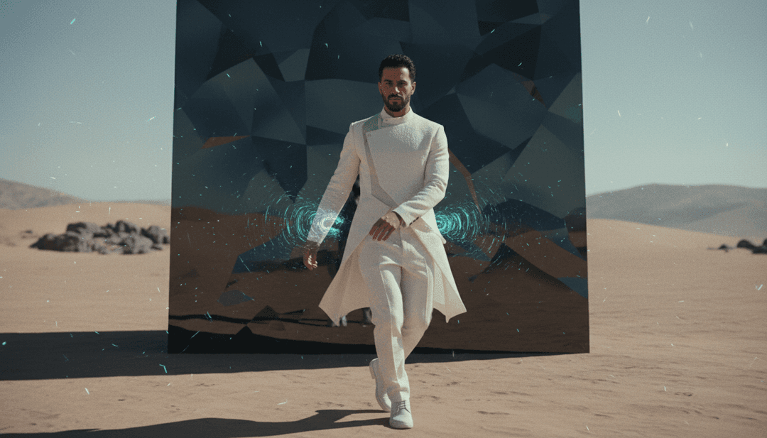 一个由发光电路和动态镜头运动渲染的数字景观，展示了 AI 为音乐视频生成场景的过程。