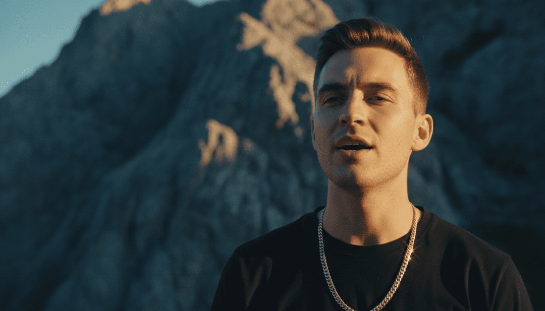 Konzeptionelles Bild einer KI, die Schallwellen und lyrische Themen für Ethan Walshs "Look Good" in einem neonbeleuchteten Studio analysiert.