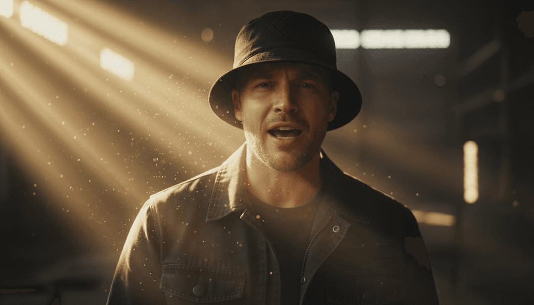 Visuais dinâmicos gerados por IA mostrando padrões intrincados de sintetizador evoluindo para cenas cinematográficas, representando o crescendo e as quedas em 'The Sound of Silence - CYRIL Remix'.