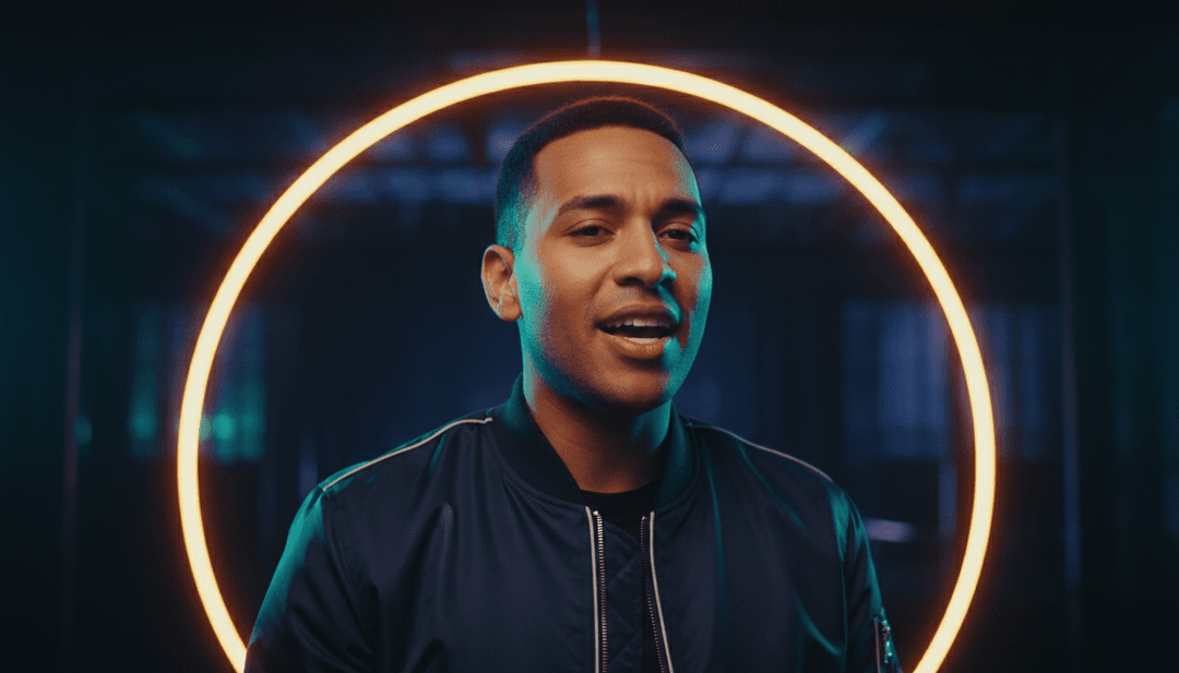 一群多元化的內容創作者使用筆記型電腦和平板電腦，螢幕上播放著由 AI 驅動的充滿活力、未來感的音樂影片。