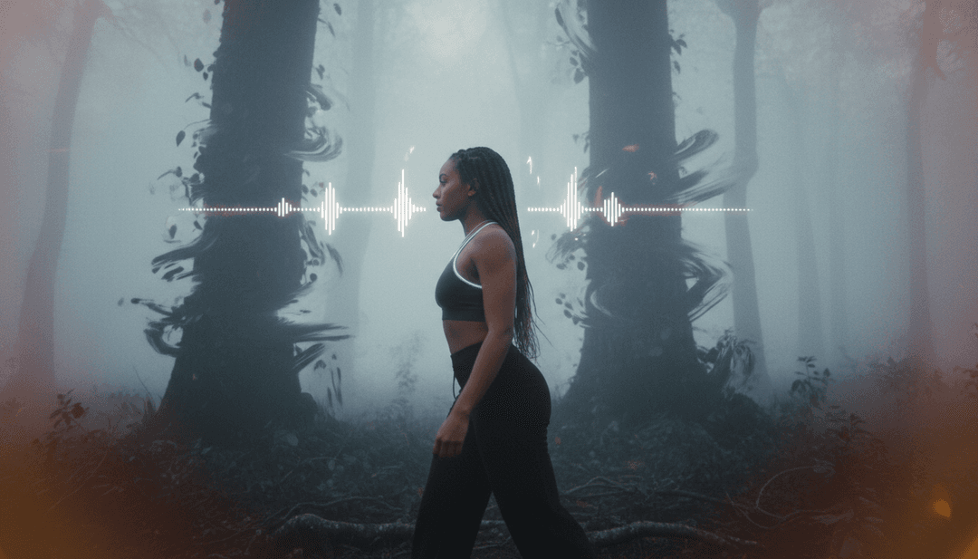 L.P. Rhythmの「Versatile」ハウスビートに同期した、光のパターン、抽象的なダンサー、流れるようなエネルギーラインのダイナミックなビジュアル。