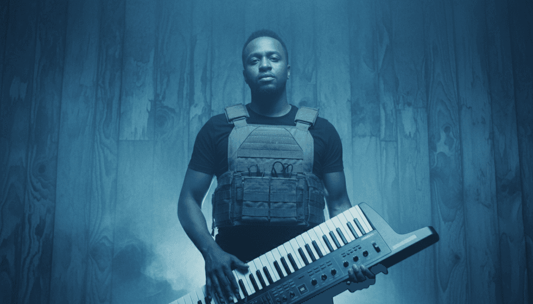 संगीत के साथ सिंक्रनाइज़ एक भविष्यवादी, नियॉन-लिट पृष्ठभूमि के खिलाफ नृत्य करते हुए आंकड़ों के साथ गतिशील शहरी सड़क का दृश्य।