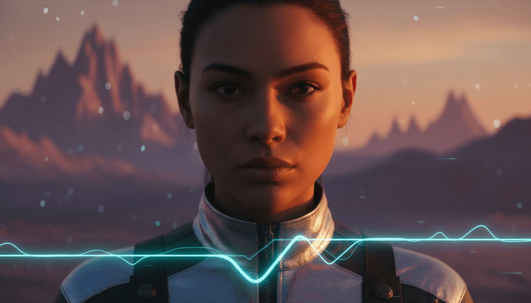 Dynamische Animation, die eine kraftvolle arpeggierte Synth-Linie aus 'Where Have You Been' zeigt, die sich in einen Lichtstreifen über eine virtuelle Landschaft verwandelt.