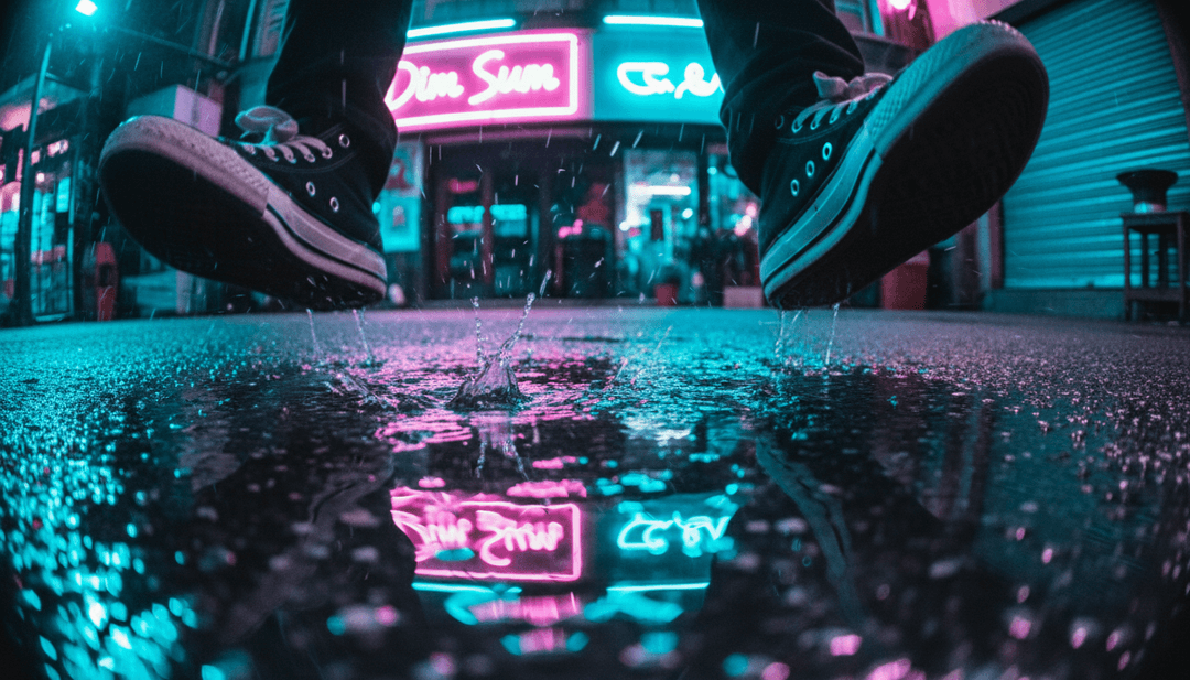 Dynamische Visualisierungen von Synth-Stabs, die pulsierende Lichtmuster erzeugen, und Basslines, die immersive virtuelle Umgebungen für ein KI-generiertes Musikvideo schaffen.