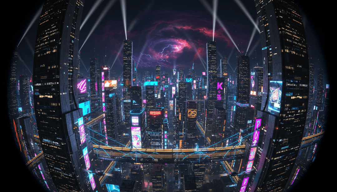 Escenas dinámicas de paisajes urbanos de neón, figuras misteriosas bailando en sombras, superpuestas con elementos líricos y estelas de luz abstractas, encarnando el tema de 'Girls MIA'.