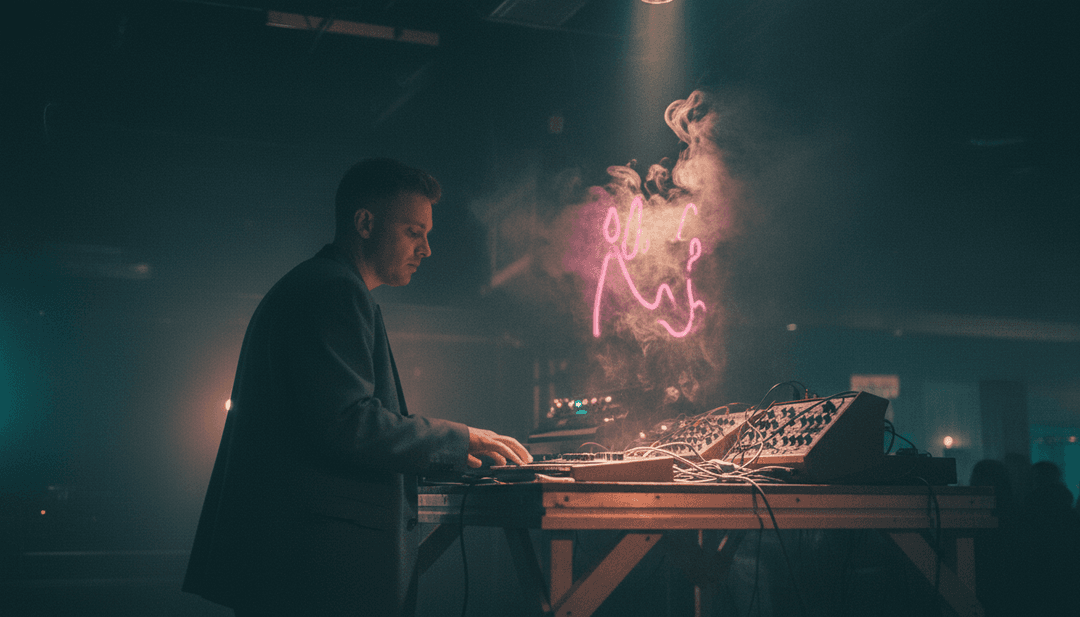 IA analysant une onde sonore pour "Kimbara" de Barry Can't Swim, traduisant les rythmes funky house en motifs lumineux vibrants.