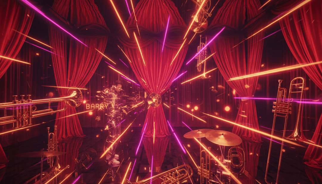 Une image finale du clip musical de "Kimbara" de Barry Can't Swim, affichant des graphiques vibrants générés par l'IA et un appel à l'action pour que les utilisateurs créent leurs propres vidéos.