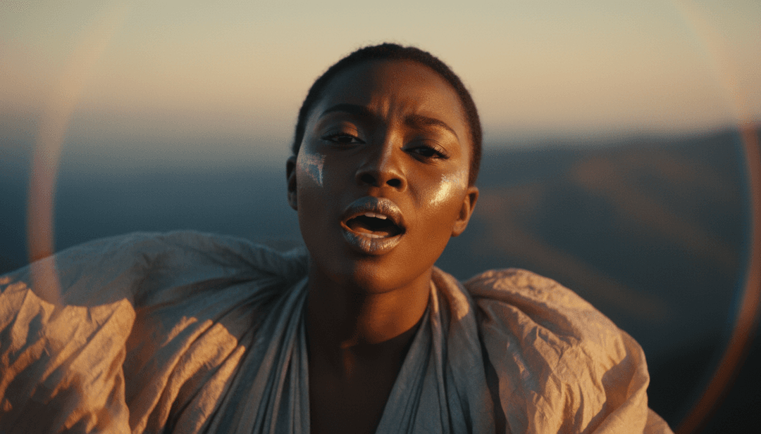 夜晚流線型未來城市天際線的動態視覺效果，霓虹燈隨著音樂節拍脈動，描繪了「Fineshyt」的影片生成過程。