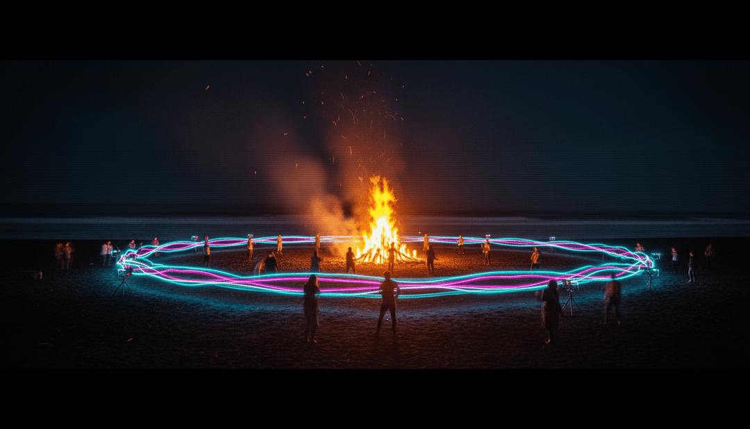 抽象數位燈光秀與硬派電子音樂同步 pulsating，為 KI/KI 的「Time to Party」顯示動態圖案和免費字幕。