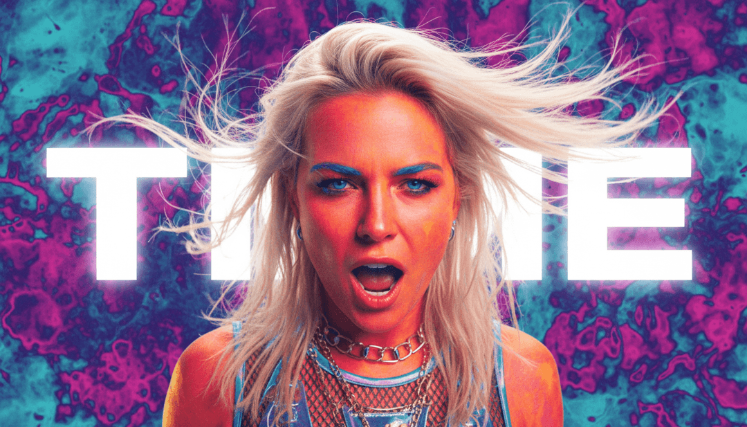 未來主義的演唱會人群，高舉雙手，觀看一個巨大螢幕，播放著為「Time to Party」生成的 AI 視覺效果，並整合了音樂歌詞。