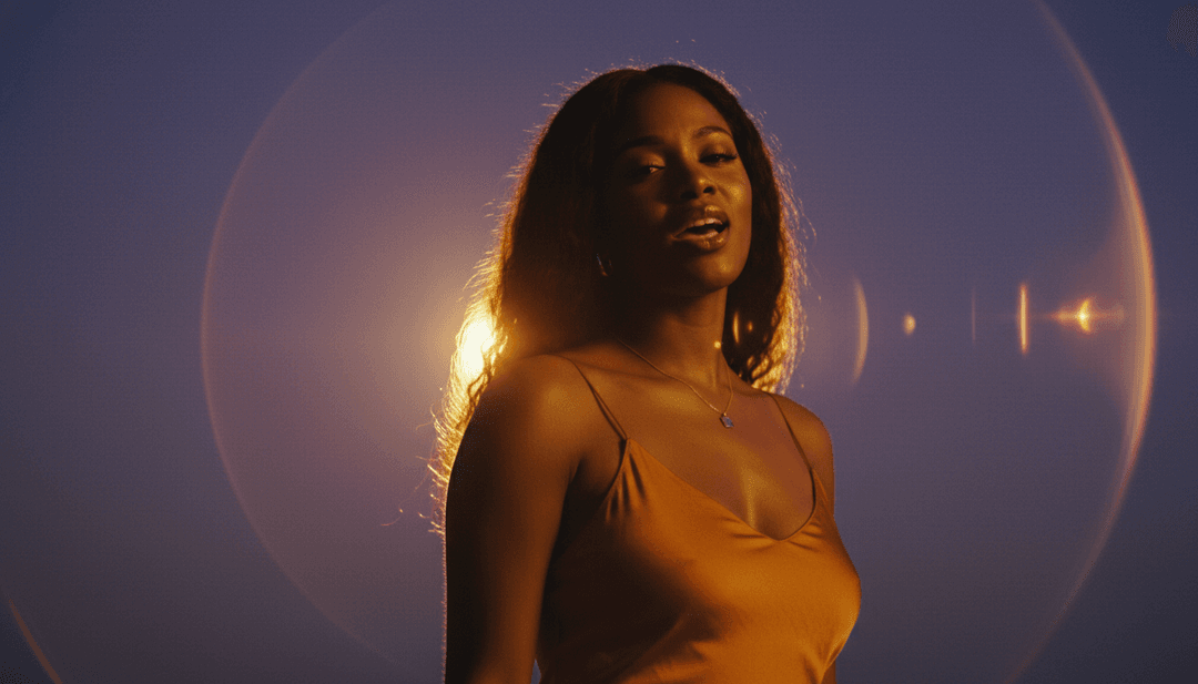 AI 生成的 Olivia Dean 'Man I Need' 視覺詮釋，以柔和溫暖的燈光和反射的城市景觀為特色。