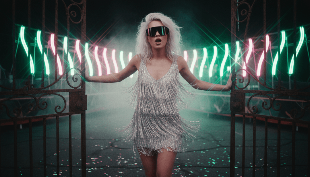 Visualizando 'party 4 u' de Charli xcx com batidas de trap se manifestando como padrões de luz dinâmicos e sintetizadores etéreos formando nebulosas brilhantes.