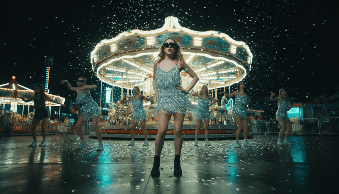 Um videoclipe gerado por IA concluído para 'party 4 u' de Charli xcx, exibindo uma mistura de cenas de festa oníricas e imagens reflexivas.