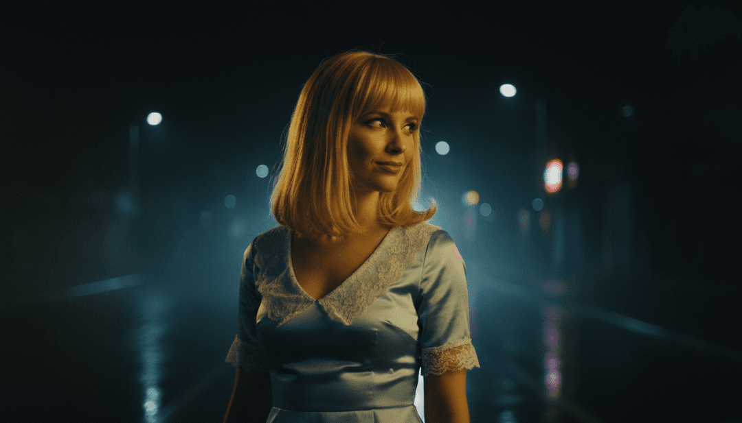 Imágenes abstractas en tonos morados y azules, insinuando sutilmente la estética synth-pop de principios de los 2000, representando "Manchild" de Sabrina Carpenter a través de la generación de videos musicales con IA.