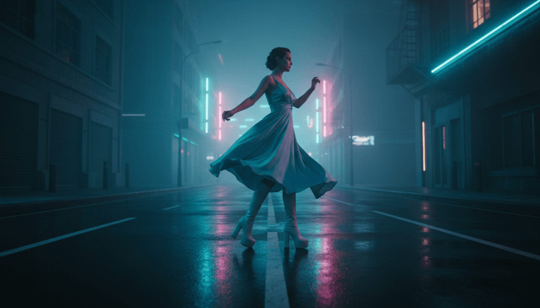 Imágenes dinámicas que transicionan de suaves ondas de sintetizador a escenas audaces y rápidas, reflejando los cambios emocionales y la estructura melódica de "Manchild" de Sabrina Carpenter, creado con un generador de videos musicales con IA.