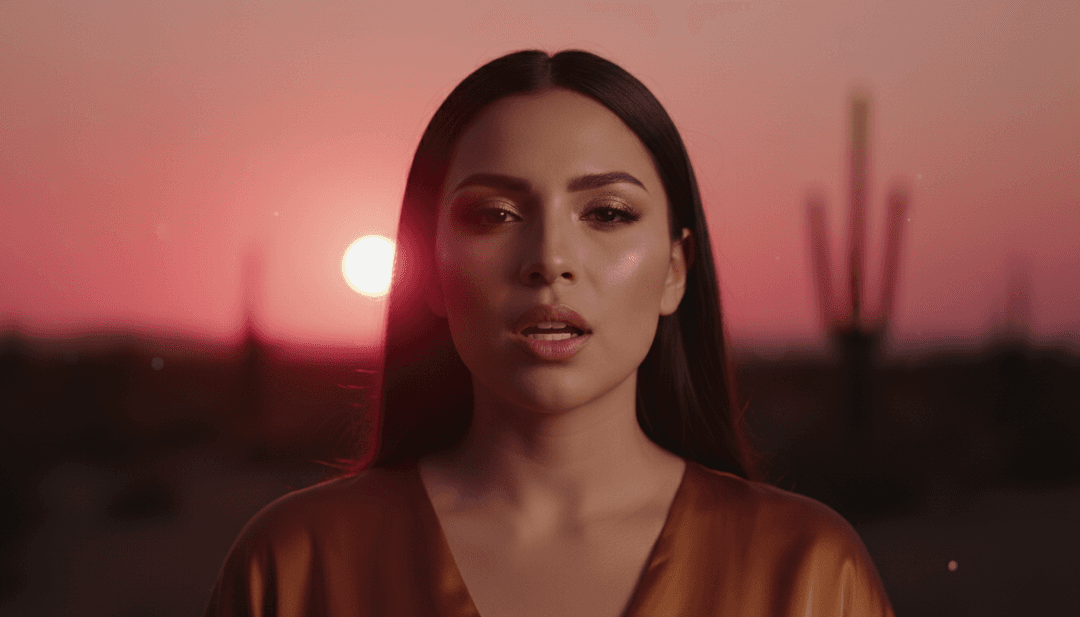 Représentation visuelle d'ondes synthétiques se transformant en un paysage serein et mélancolique pour 'Ojos Tristes', avec des éléments du style de production de Selena Gomez et benny blanco.