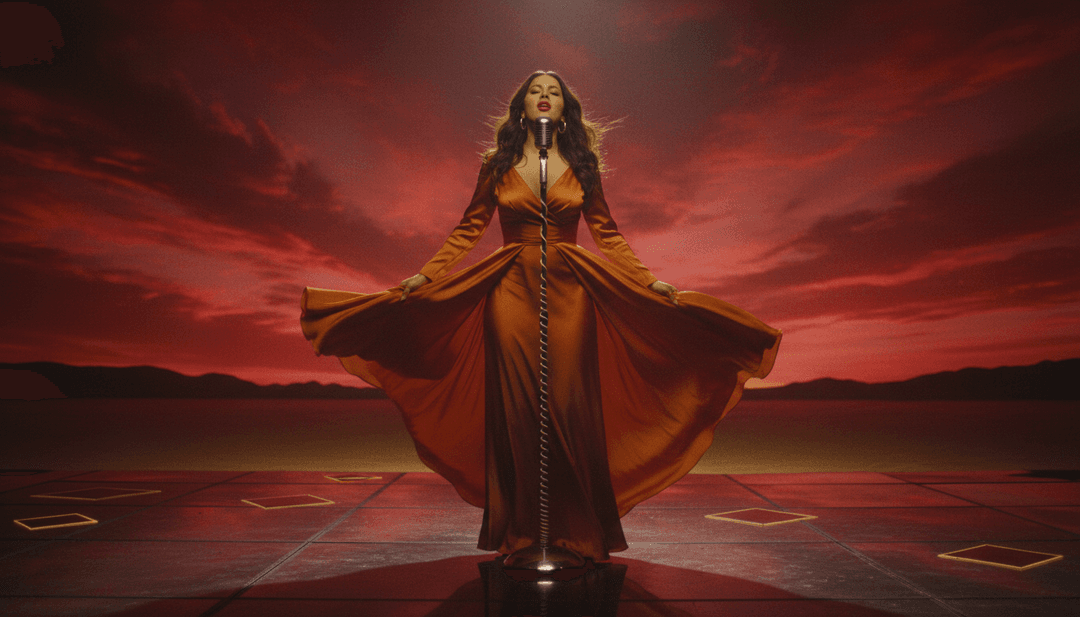 Une scène de clip musical dynamique et engageante générée par IA à partir de 'Ojos Tristes', présentant le résultat final de haute qualité et le logo Freebeat.ai.