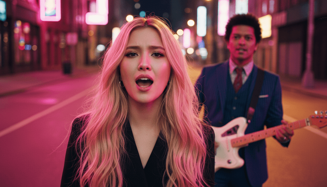 Eine lebendige, KI-generierte urbane Stadtlandschaft bei Nacht, mit synchronisierten abstrakten Tänzern in Silhouette, die den Electronic-Dance-Musik-Rhythmus von „APT.“ verkörpern.