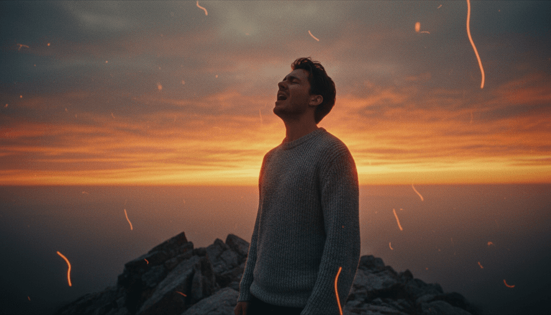 一个完成的、风格化的音乐视频场景，展示朋友重聚，叠加发光的合成流行效果，准备分享。