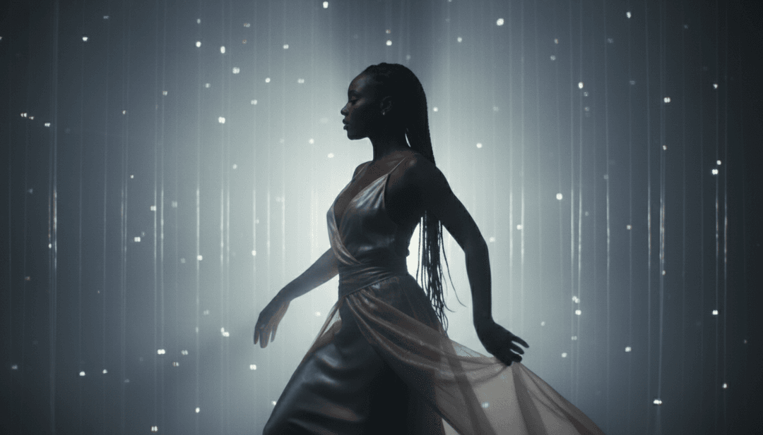 流畅的动画描绘了来自 'Say What' 的声波如何演变为动态舞者和不断变化的灯光图案，展示了AI驱动的视觉转换。